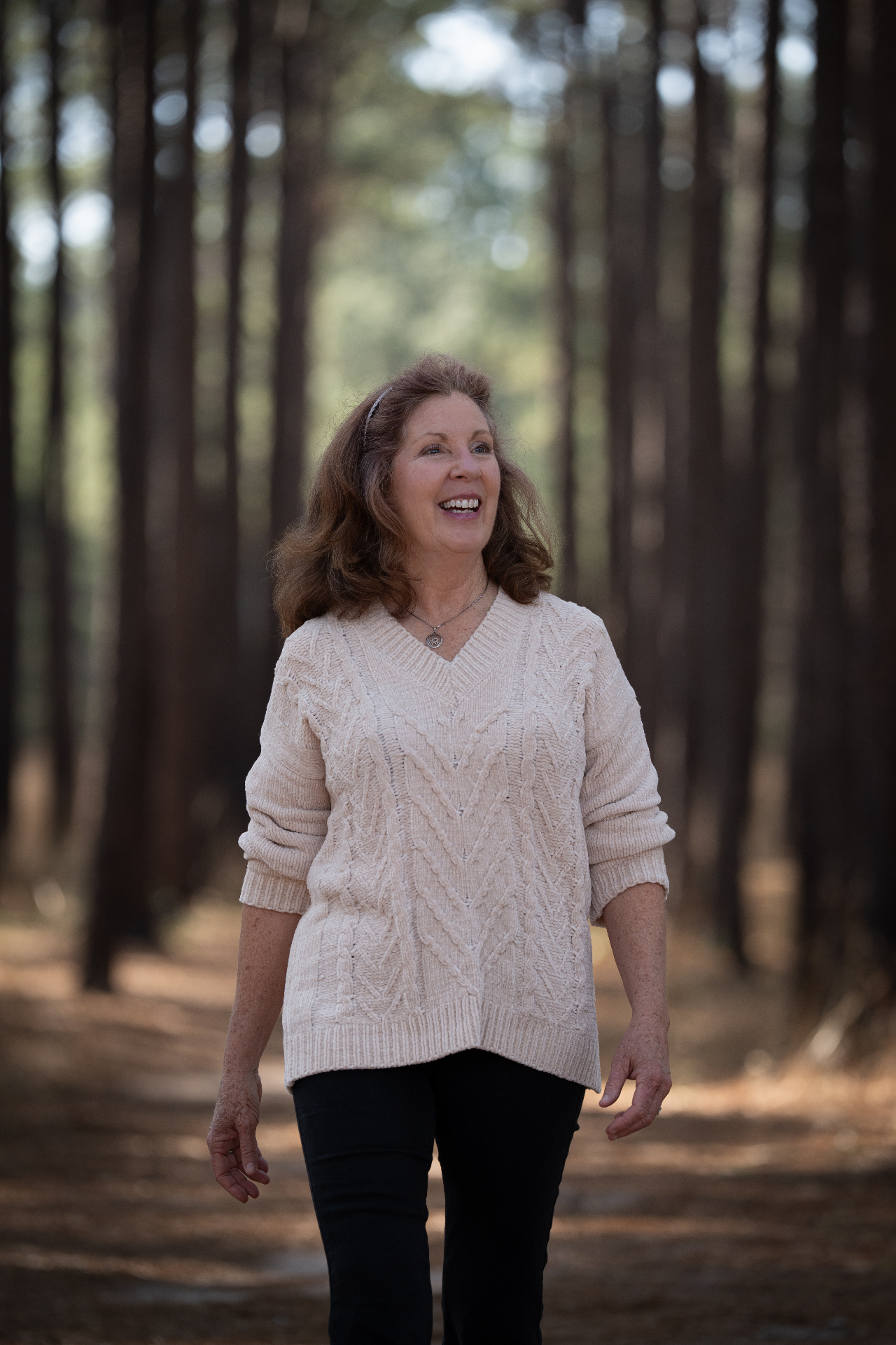 Looking up, the tall pines